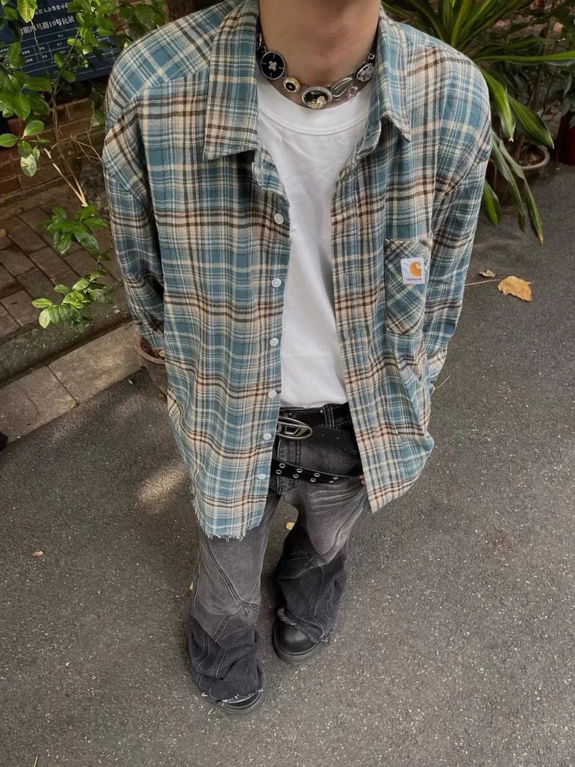 卡哈特 纯棉格纹长袖衬衫男2024年早秋拼接毛边休闲外套情侣款 (59)