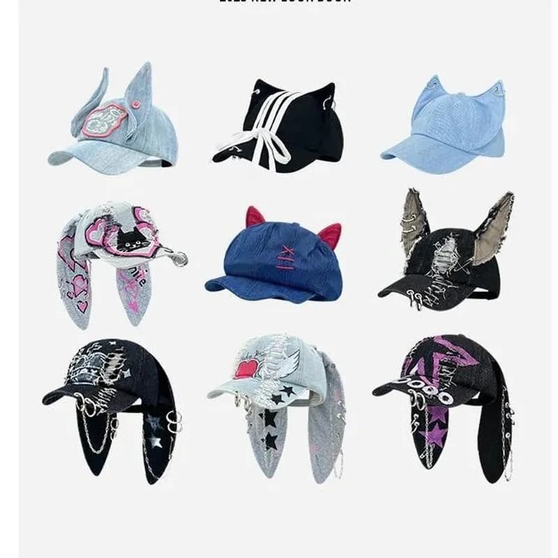 Korean newjeans same style rabbit ears washed hole denim baseball cap female hip hop hot girl street style peaked cap 27