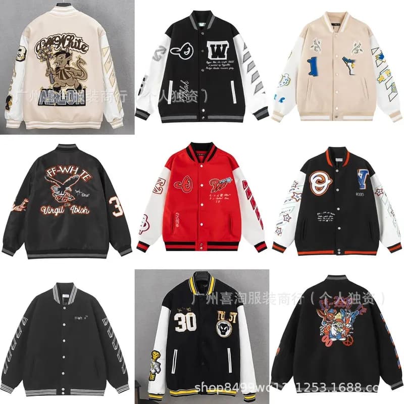 High version OF home 25SS autumn and winter new OW letter pattern leather towel embroidered baseball uniform men s and women s jackets 19