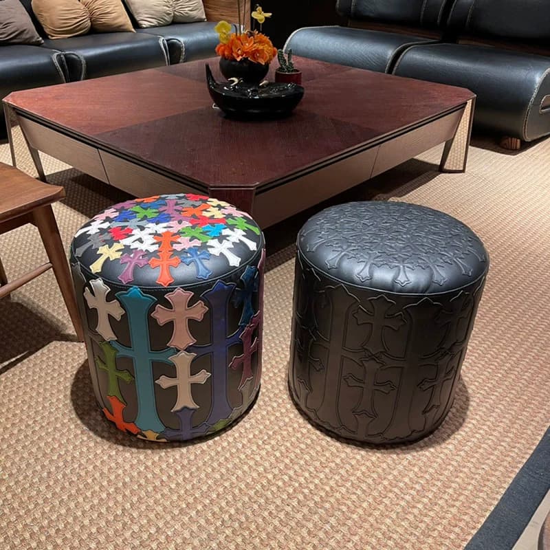 Limited edition handmade heavy-duty lychee leather cross collage round sofa coffee table stool pier shoe bench