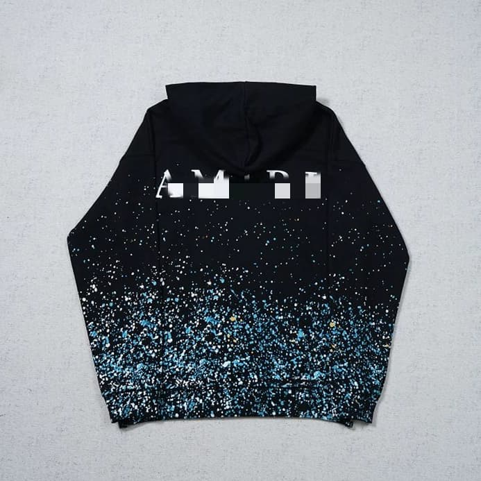 AI sweatshirt hoodie with white logo on the chest and splashed ink on the hem
