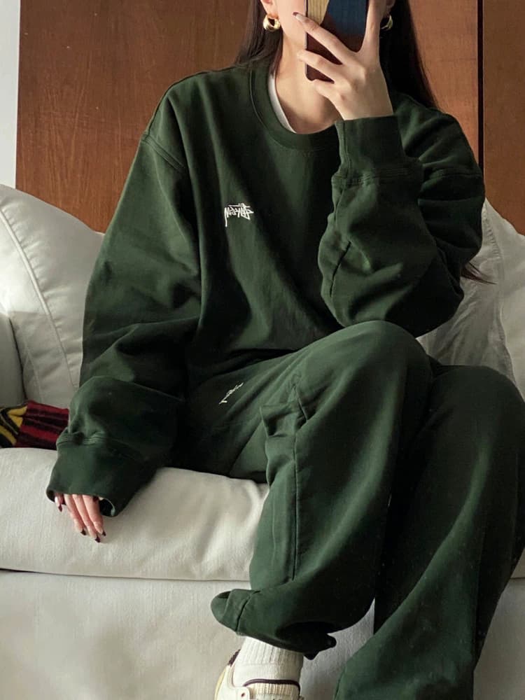 美式复古森林绿休闲运动服套装女春秋时尚新款慵懒卫衣长裤两件套
