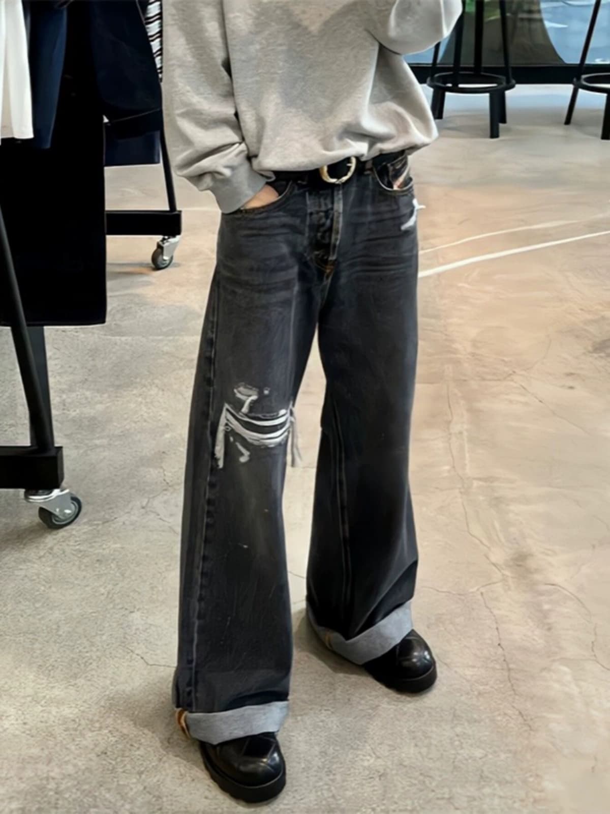 Y/project designer 23S new style washed black and gray jeans with holes, wide-leg and slightly flared casual trousers