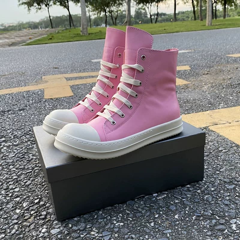 RO FABLED pink high-top shoes genuine leather men's shoes lace-up thick sole side zipper European and American trendy shoes women's short boots