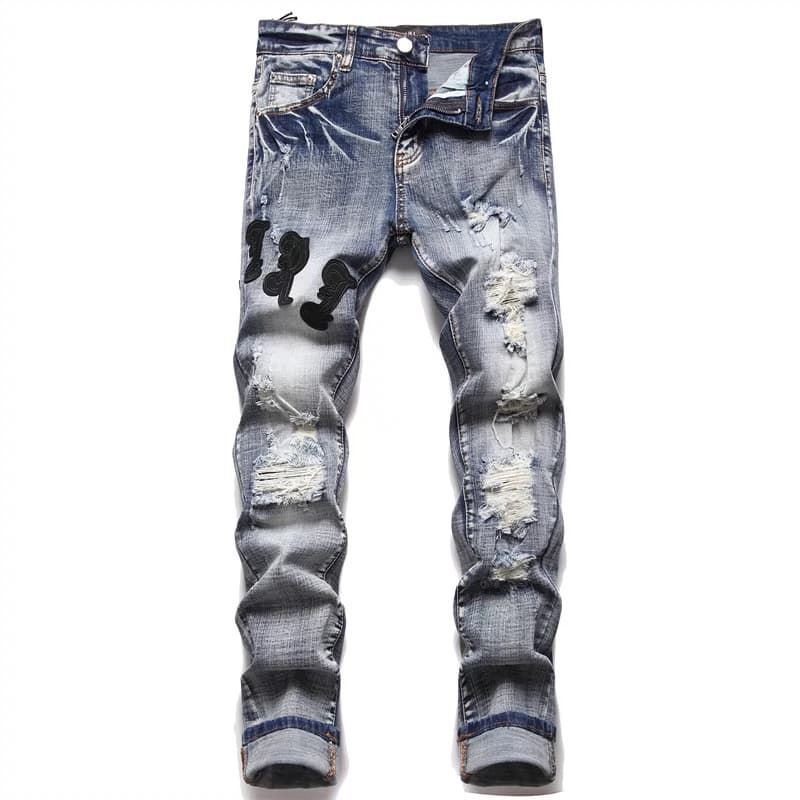 AM foreign trade men's jeans with holes embroidered five-pointed star trend elastic slim fit pants high-end casual men's pants - OrientDig Spreadsheet