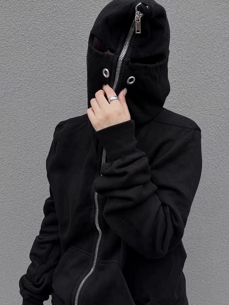 暗黑风外套秋季新款黑色蒙面卫衣开衫男女情侣宽松休闲巫师帽外套