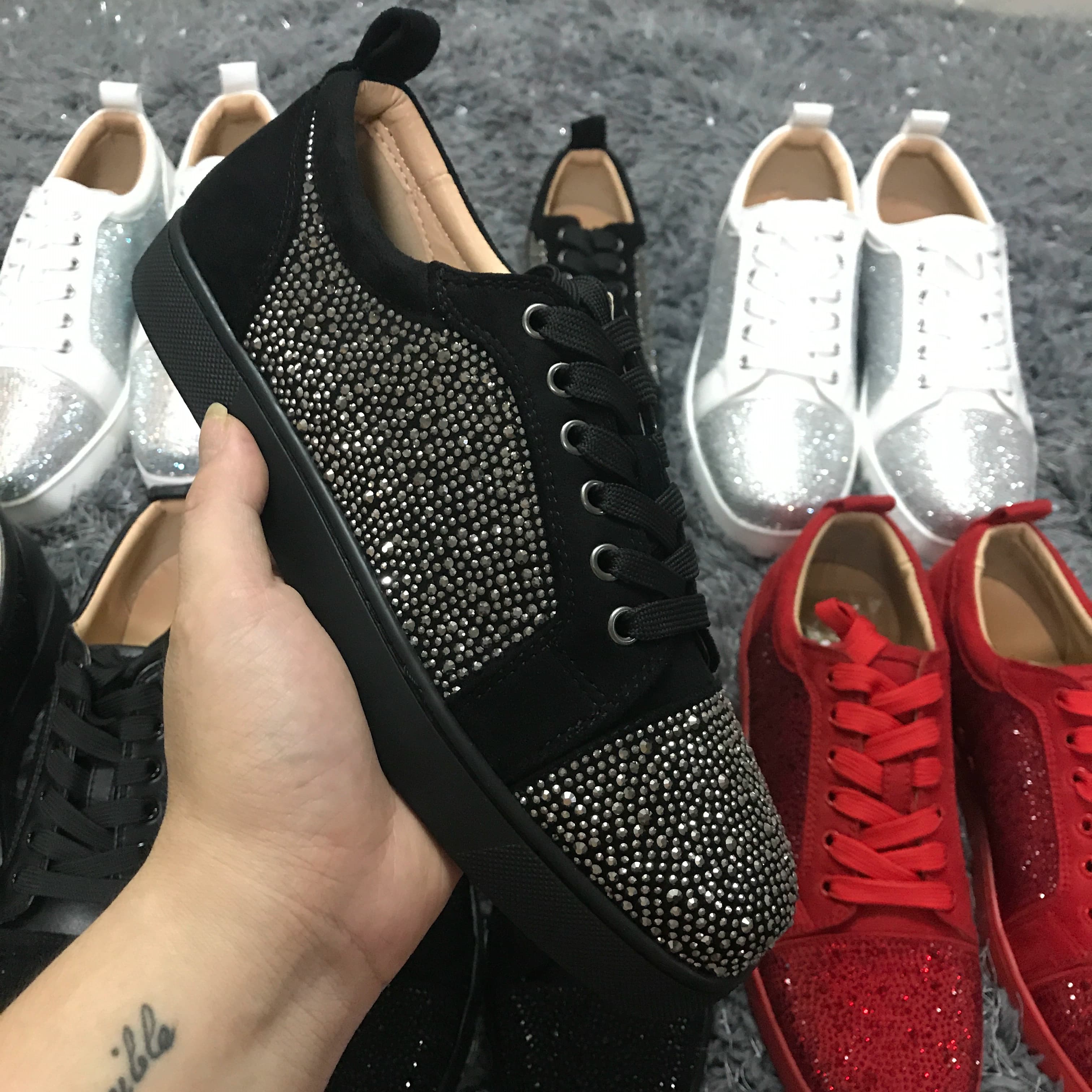 Primavera y otoño CL zapatos de hombre bajos de diamantes de imitación de cuero con cordones par cl de fondo rojo zapatos de skate de mujer